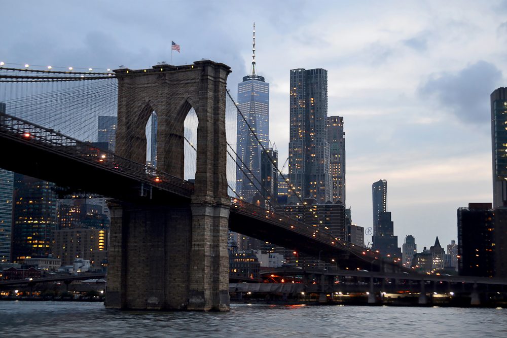 The Manhattan skyline and Brooklyn Bridge, New York